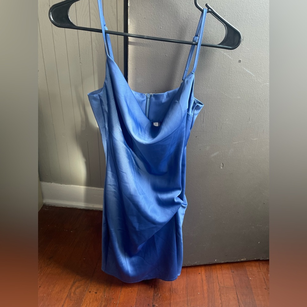 Cutest mini blue satin dress! The way it lays on the body is so flattering